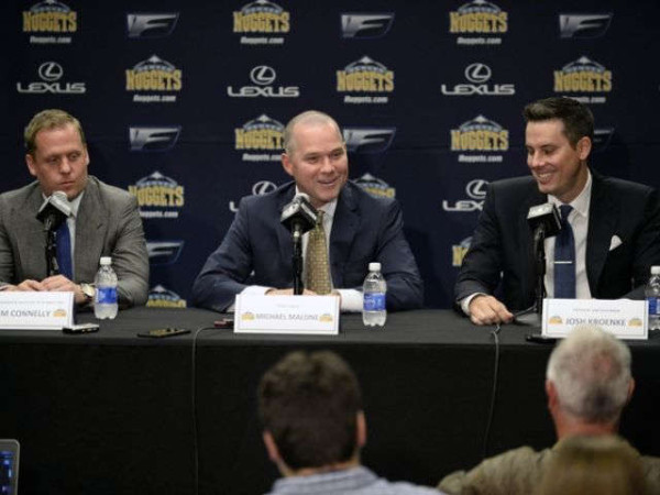 Nuggets GM Tim Connelly, New Nuggets HC Michael Malone and Nuggets owner Josh Kroenke 