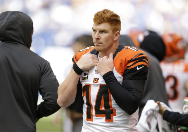Cincinnati Bengals quarterback Andy Dalton watches during the second half of an NFL football game against the Indianapolis Colts Sunday, Oct. 19, 2014, in Indianapolis. (AP Photo/Michael Conroy) ORG XMIT: NAS1