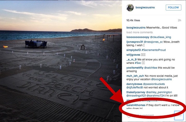 Instagram screen grab from DeMarcus Cousins page, with Isaiah Thomas' comment in the bottom right corner