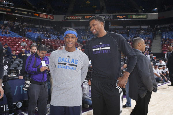 SACRAMENTO, CA - JANUARY 13: Rajon Rondo #9 of the Dallas Mavericks and Rudy Gay #8 of the Sacramento Kings prior to the game on January 13, 2015 at Sleep Train Arena in Sacramento, California. NOTE TO USER: User expressly acknowledges and agrees that, by downloading and or using this photograph, User is consenting to the terms and conditions of the Getty Images Agreement. Mandatory Copyright Notice: Copyright 2015 NBAE (Photo by Rocky Widner/NBAE via Getty Images)