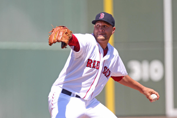 (Fort Myers, FL, 03/29/15) Brian Johnson pitches in the first inning of the Red Sox verses Rays game at JetBlue Park. Sunday March 29, 2015. Staff photo by John Wilcox.