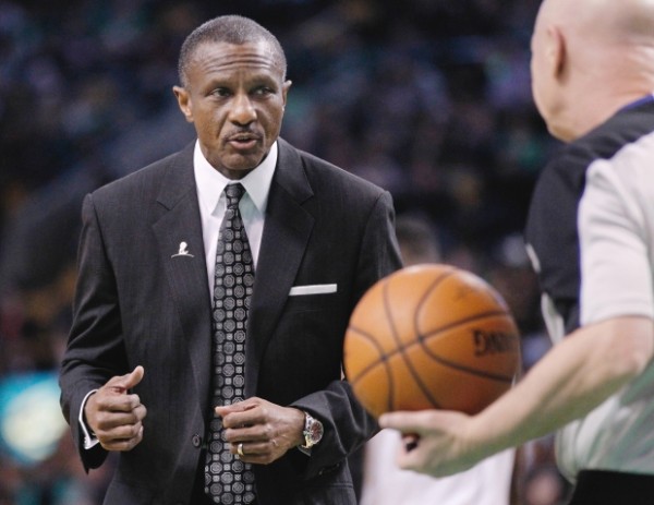 Toronto Raptors head coach Dwane Casey appeals to referee Joe Crawford