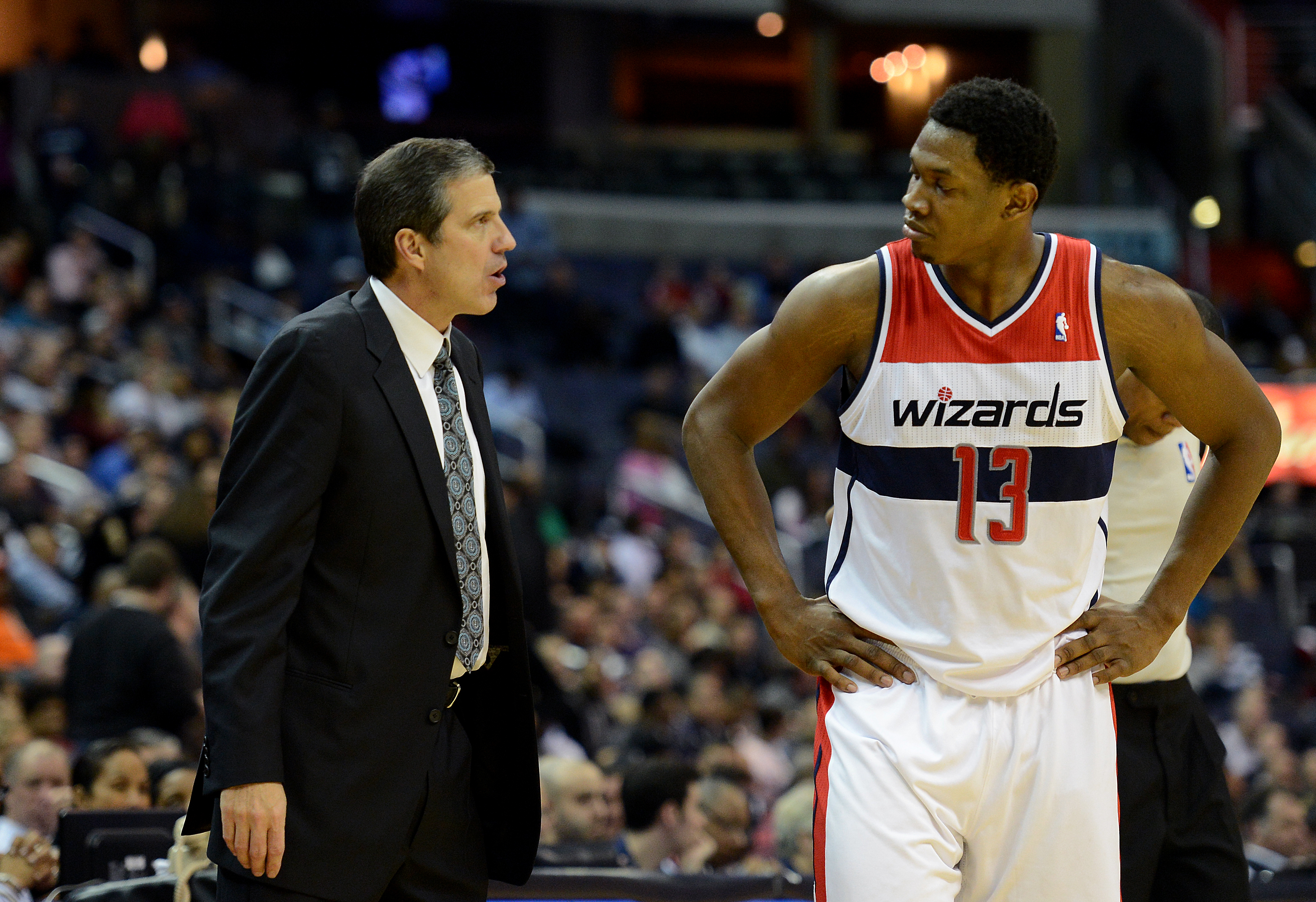 WASHINGTON, DC - NOVEMBER 26: Washington Wizards head coach Randy Wittman talks with Washington Wizards power forward Kevin Seraphin (13) (Photo by Toni L. Sandys/The Washington Post)