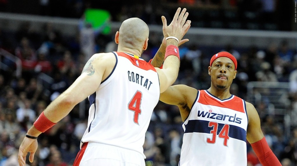 against the during Game Four of the Eastern Conference Quarterfinals of the NBA playoffs at Verizon Center on April 26, 2015 in Washington, DC.