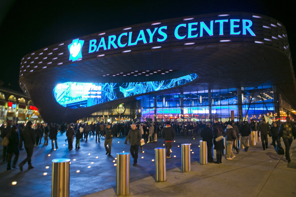 Crowds arrive outside Barclays Center before Brooklyn Nets  played Toronto Raptors in NBA game in New York
