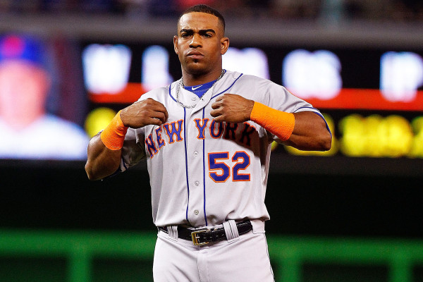 MIAMI, FL - AUGUST 03: Yoenis Cespedes #52 of the New York Mets looks on during a game against the Miami Marlins at Marlins Park on August 3, 2015 in Miami, Florida. (Photo by Mike Ehrmann/Getty Images)