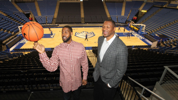 Former NBA basketball players Theophalus Ratliff (R) watches as Larry Hughes tries to spin a basketball on his finger following the announcement of the the formation of the Champions League Proceeds from the event will go to the Jimmy-Valvano-inspired “V Foundation” and the “Stuart Scott Memorial Cancer Research Fund” which is in honor of the ESPN broadcaster who died of cancer on November 17, 2015. Champions Basketball League will feature NBA players immediately upon their retirement and will feature All Stars as players and Hall of Famers as managers and coaches. An inaugural game will be held in St. Louis on January 29, 2016. Photo by Bill Greenblatt/UPI