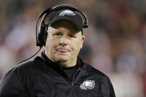 Philadelphia Eagles head coach Chip Kelly reacts to a play during the first half of an NFL football game against the Washington Redskins in Landover, Md., Saturday, Dec. 20, 2014. (AP Photo/Mark Tenally)