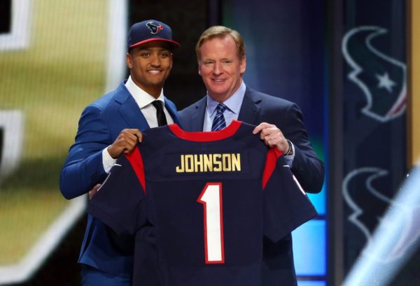 Apr 30, 2015; Chicago, IL, USA; Kevin Johnson (Wake Forest) poses for a photo with NFL commissioner Roger Goodell after being selected as the number sixteen overall pick to the Houston Texans in the first round of the 2015 NFL Draft at the Auditorium Theatre of Roosevelt University. Mandatory Credit: Jerry Lai-USA TODAY Sports