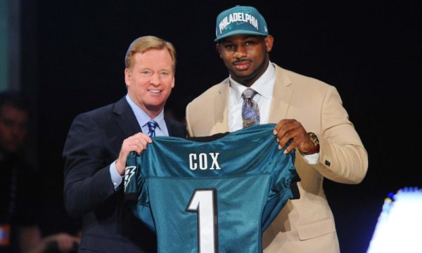 Apr 26, 2012; New York, NY, USA; NFL commissioner Roger Goodell introduces defensive tackle Fletcher Cox (Mississippi State) as the 12th overall pick by the Philadelphia Eagles in the 2012 NFL Draft at Radio City Music Hall. Mandatory Credit: James Lang-USA TODAY Sports