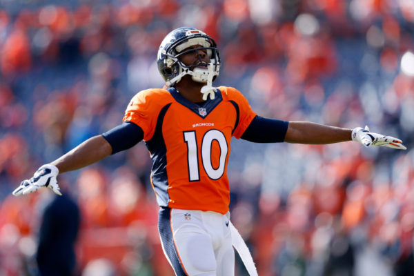 DENVER, CO - JANUARY 24: Emmanuel Sanders #10 of the Denver Broncos warms up prior to the AFC Championship game against the New England Patriots at Sports Authority Field at Mile High on January 24, 2016 in Denver, Colorado. (Photo by Christian Petersen/Getty Images)